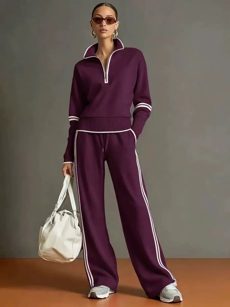 Women active cotton two-piece tracksuit in purple with white piping; zip collar top and wide-leg pants.