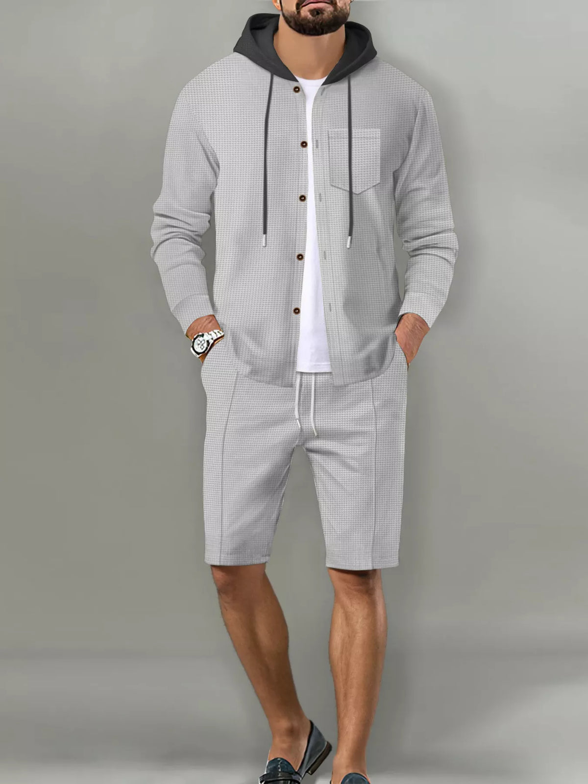 Men's gray checkered hooded button-up top and shorts two-piece set with chest pocket, plus size, Trendsi