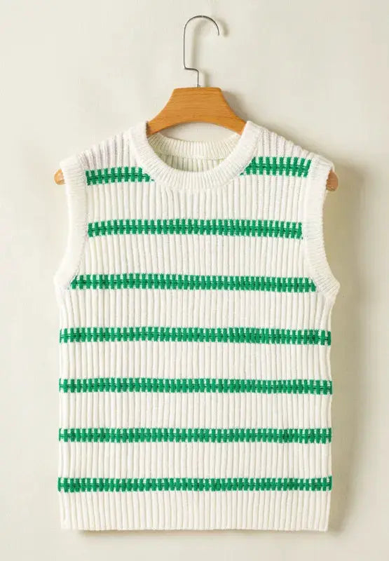 Trendsi premium striped round-neck sweater vest in white with green stripes, ribbed knit texture, on wooden hanger.