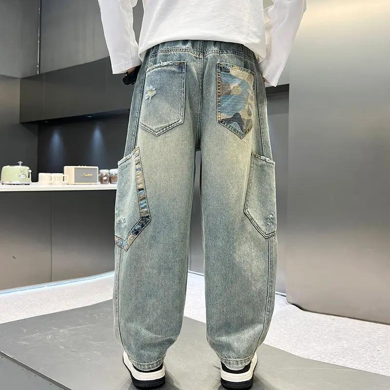 Boys Casual Denim Jeans by eprolo in light-wash, loose straight-leg with patch pockets.