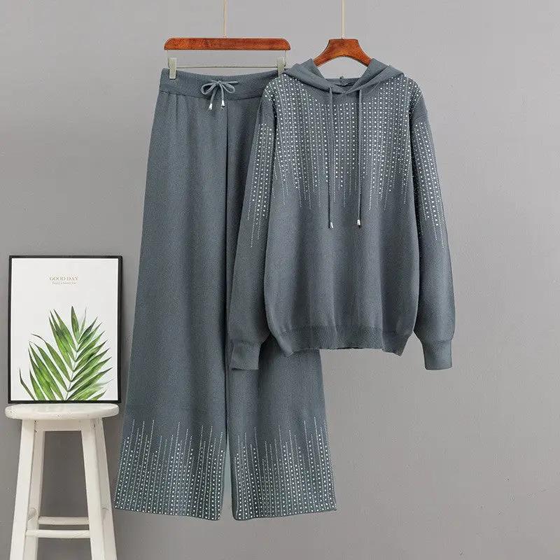 Oversized high-neck cozy knit top with matching blue-grey wide-leg pants, eprolo 2-piece ensemble