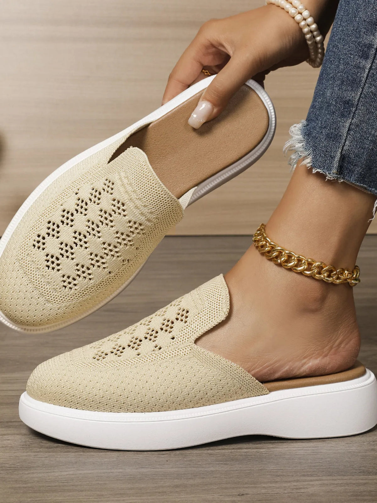 Mesh Round Toe Platform Slip-Ons in beige mesh with white sole; worn with jeans.