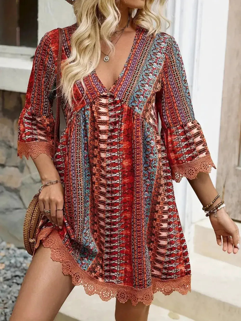 Trendsi lace-trimmed printed V-neck 3/4-sleeve dress in red/blue multicolor stripes with peach lace hem