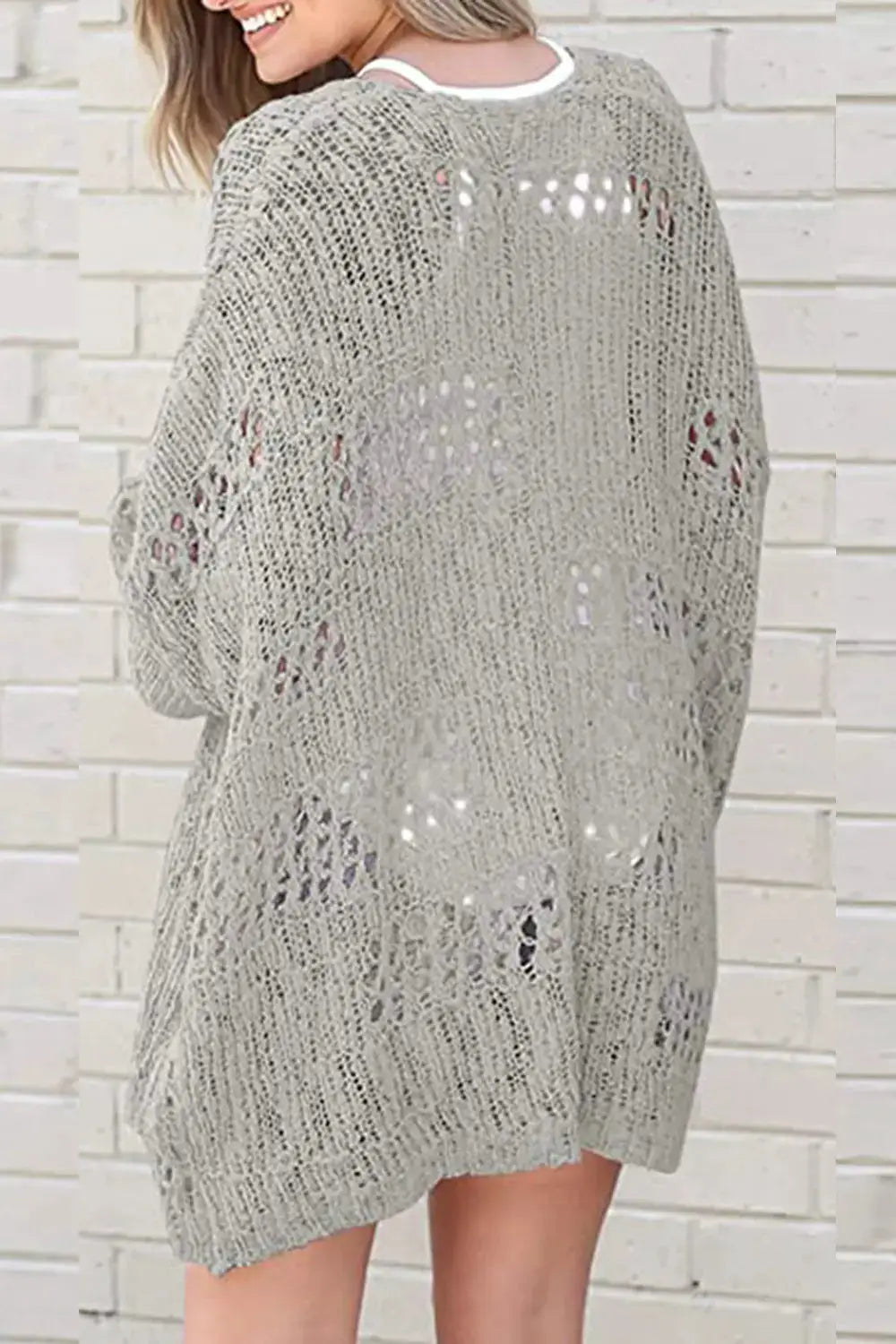 Openwork open-front long-sleeve cardigan, gray stretchy acrylic by Trendsi