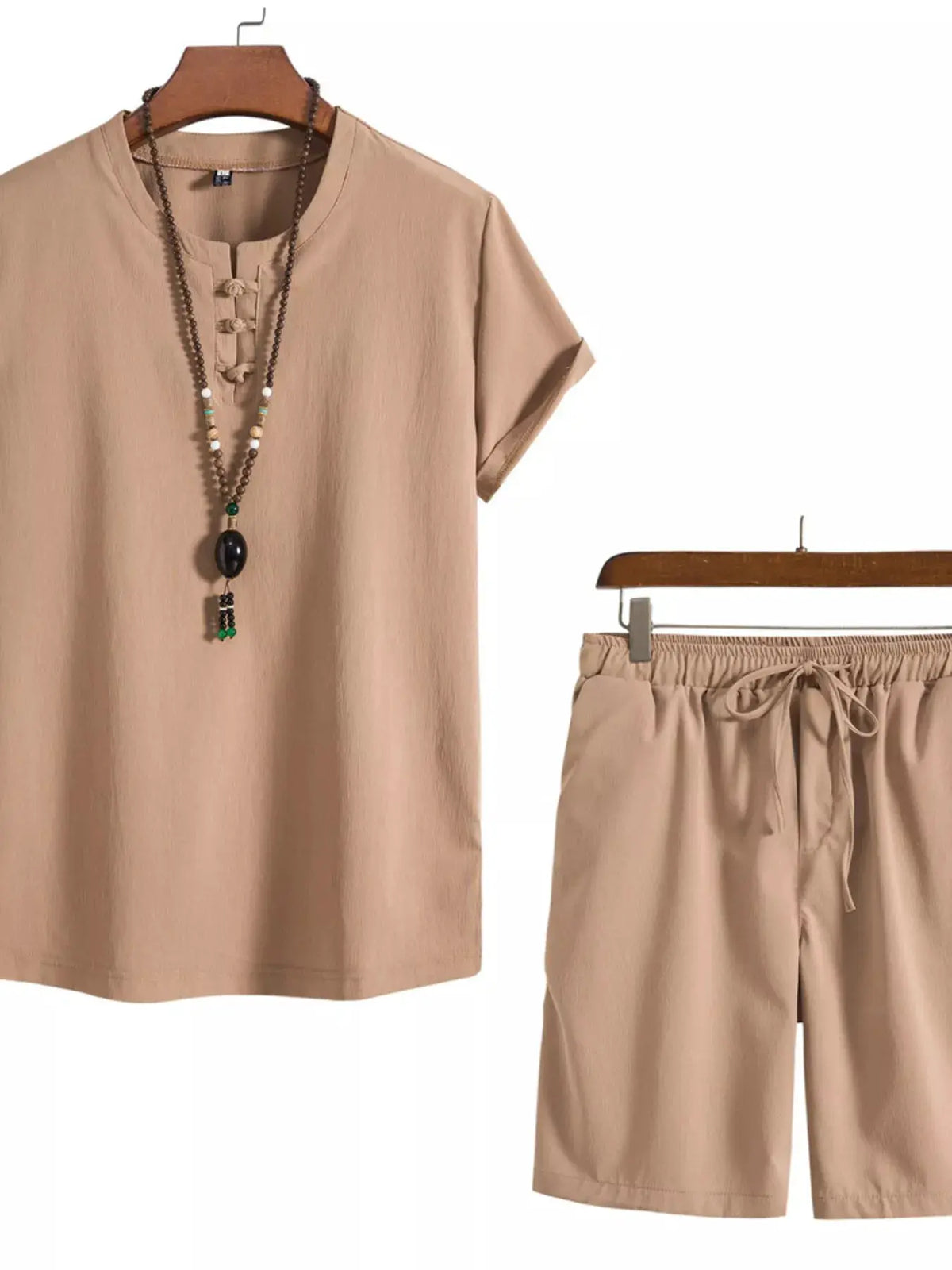 Mens plus size mandarin-collar short-sleeve shirt and shorts two-piece beige set