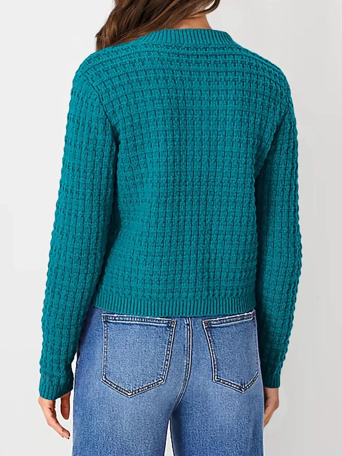 Textured stretchy knit cardigan in teal with button-front for versatile outerwear