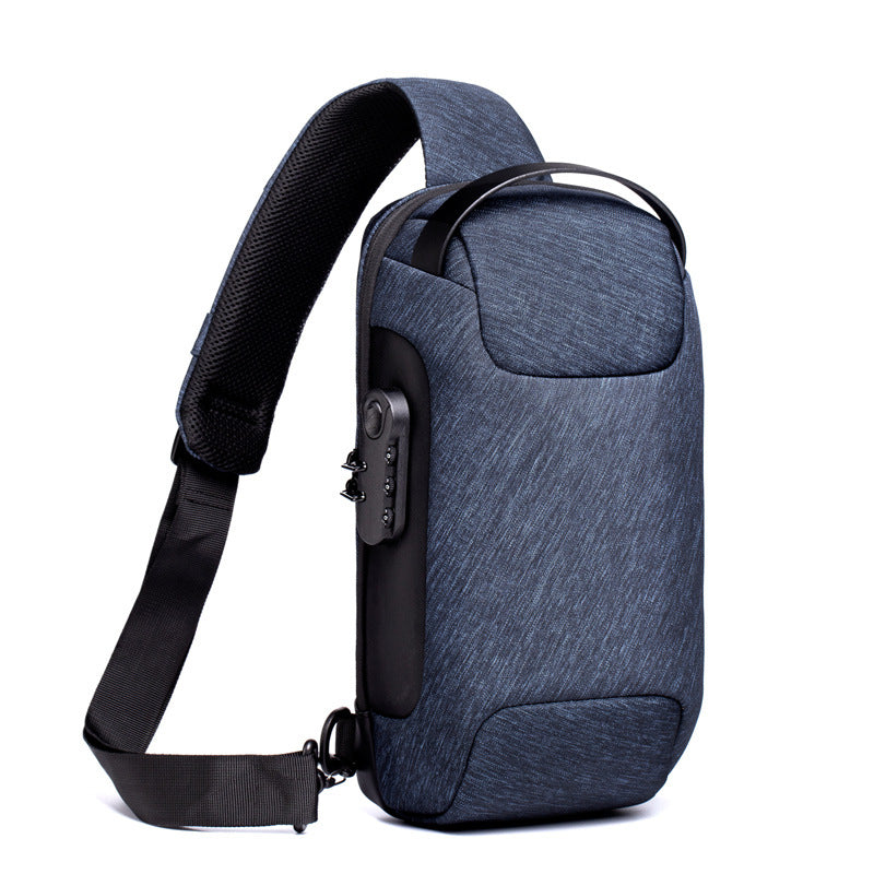 Anti-theft Oxford chest bag by AdTec with padded laptop sleeve and zippered pockets in blue/gray fabric