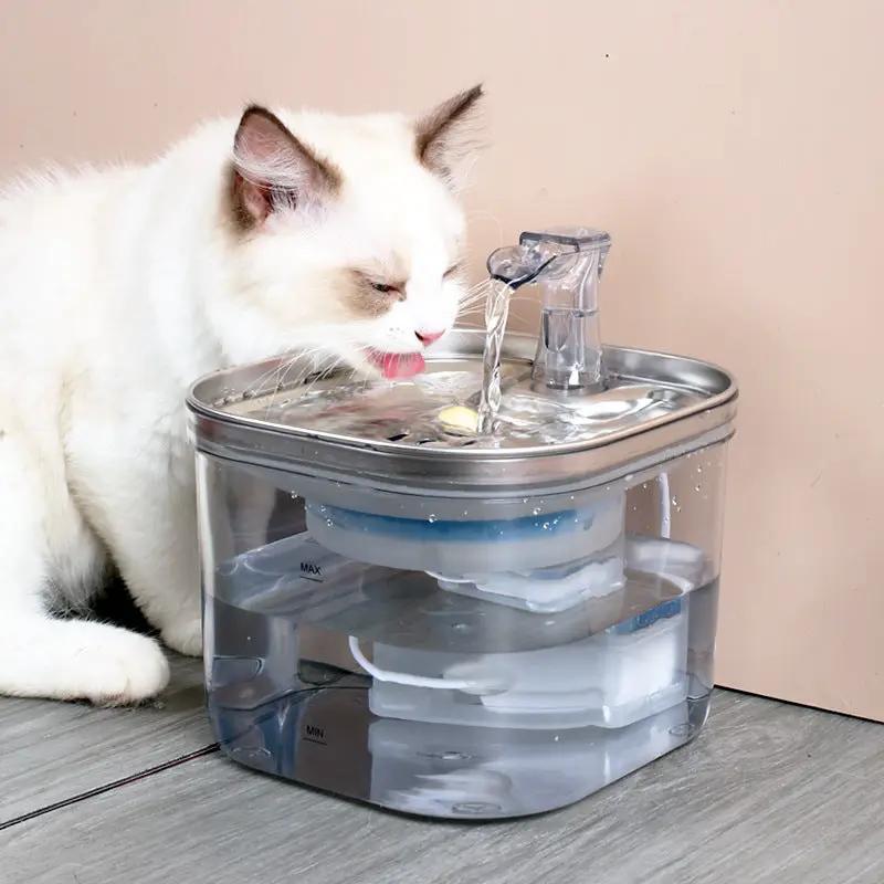 Pet automatic water fountain for cats, stainless steel top with clear reservoir