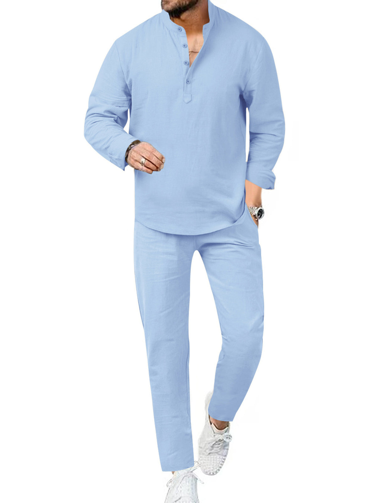 Men's plus-size light blue casual long-sleeve shirt and pants set by Trendsi.