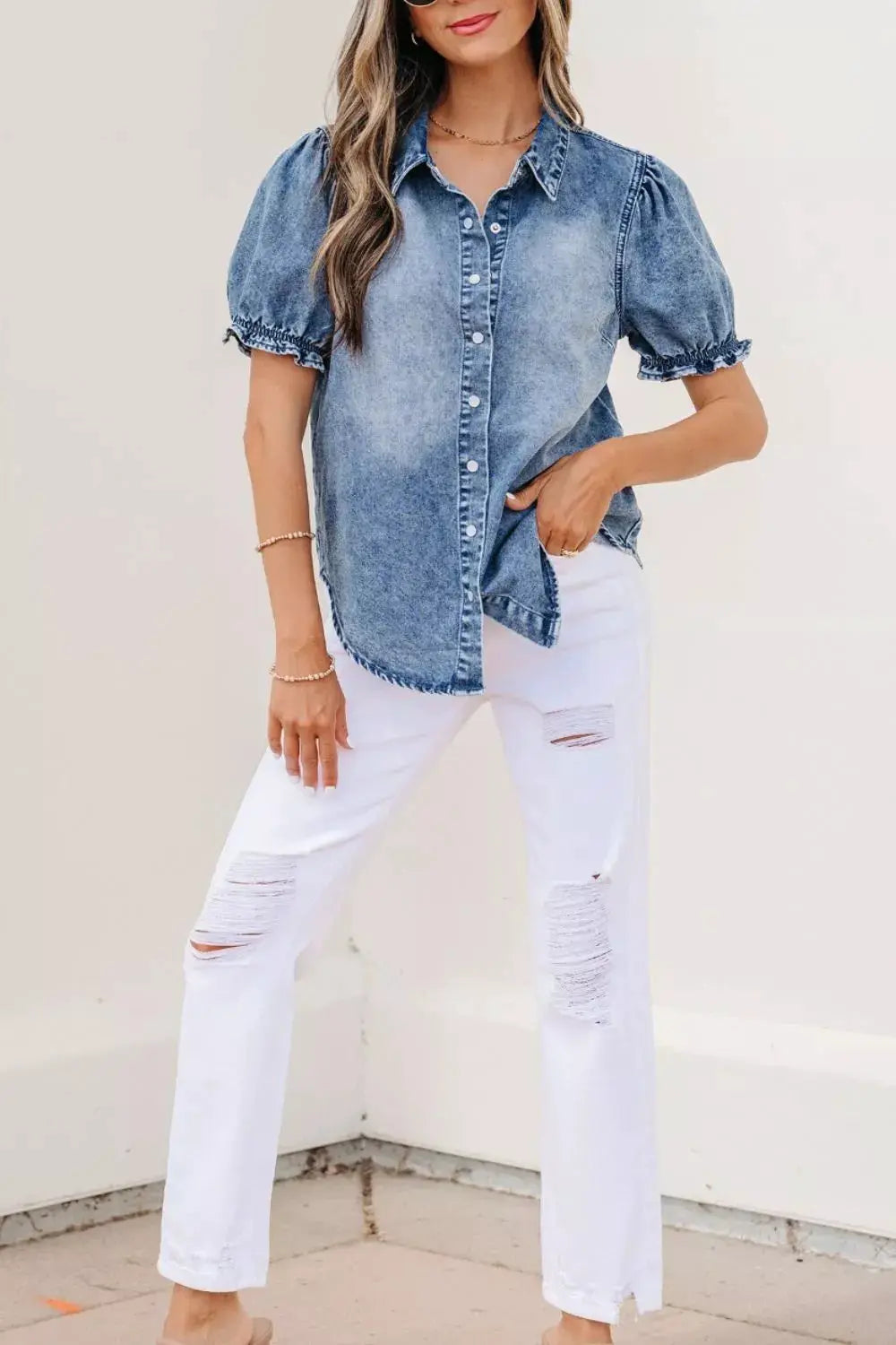 Girls Frilled Short Sleeve Snap Button Lightweight Denim Shirt, light wash denim, Trendsi