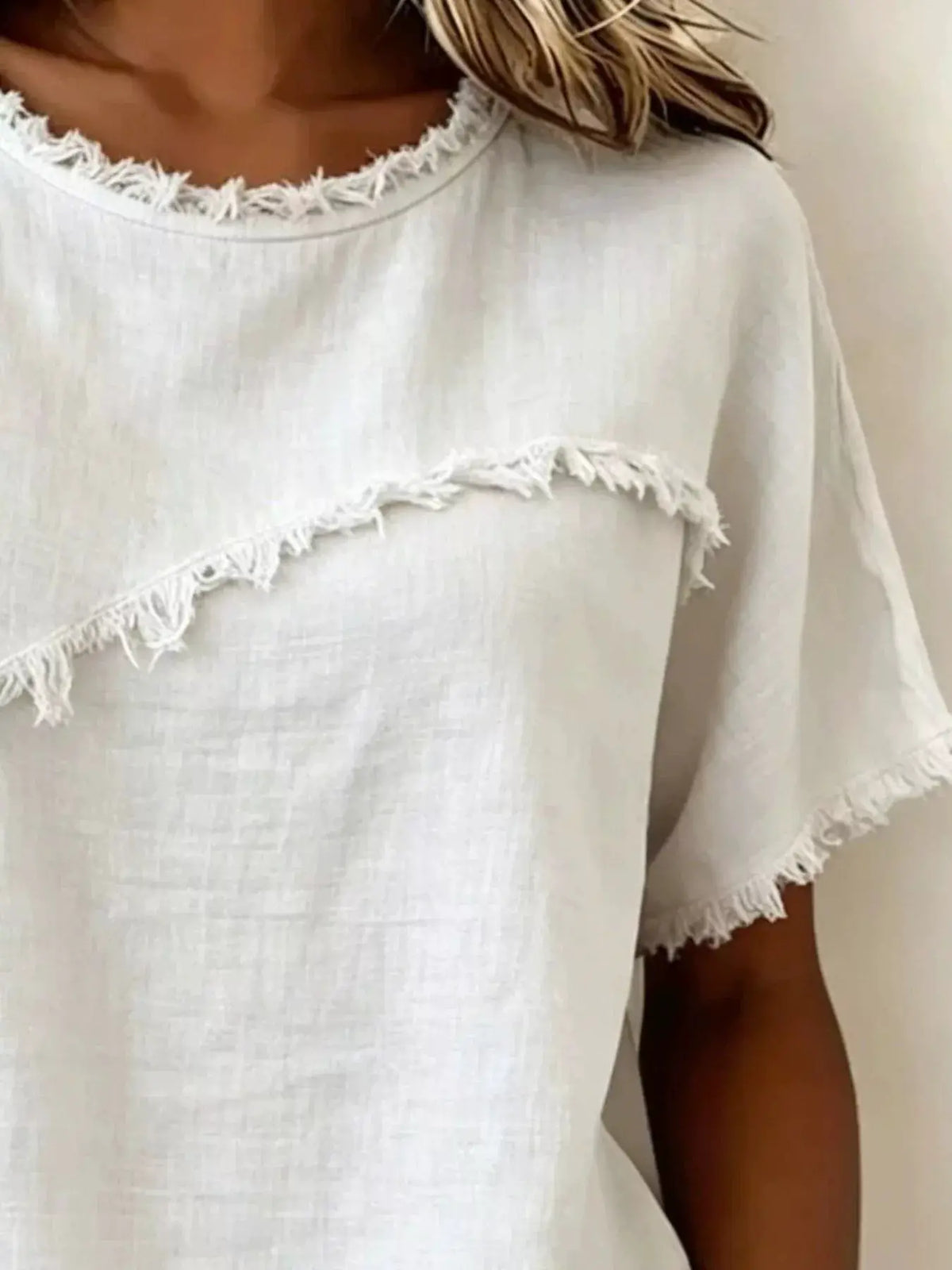 Full-size frayed-hem short-sleeve top in ivory by Trendsi, plus size