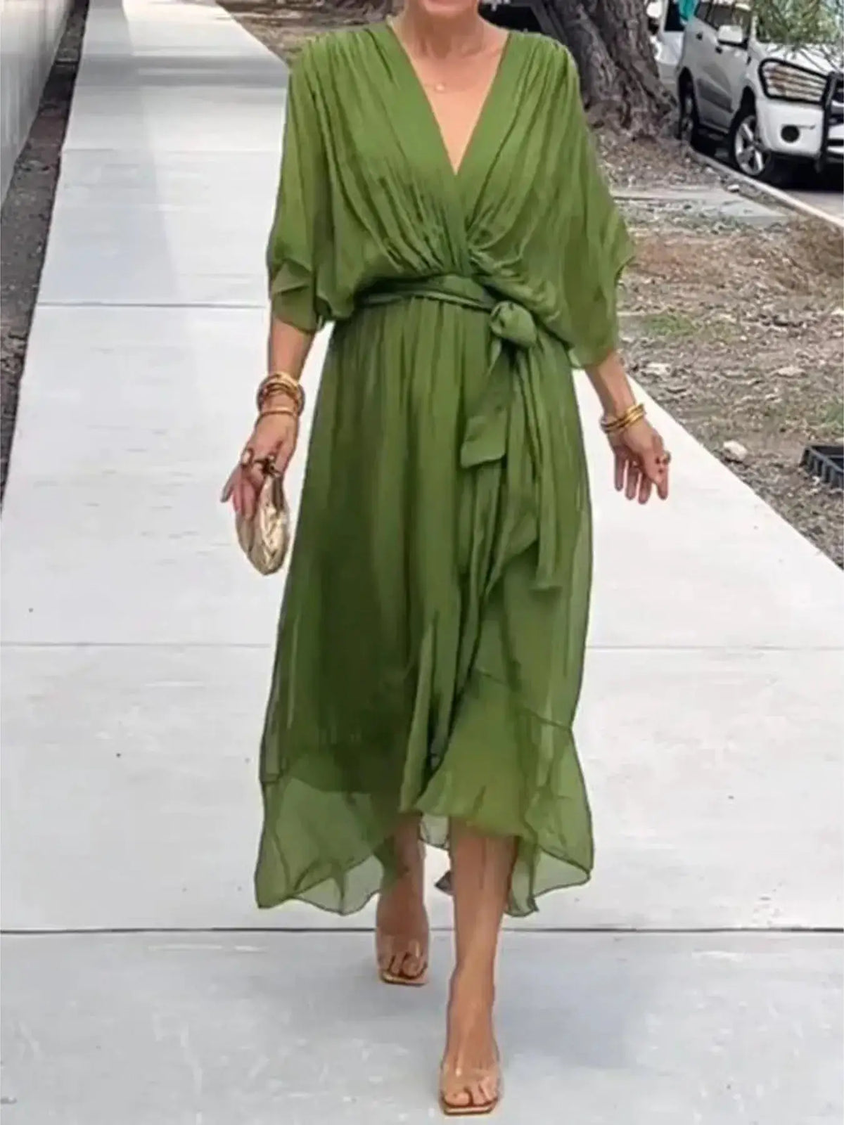 Full Size Flowy Tie Front Midi Dress with Flutter Sleeves in olive green, plus size.