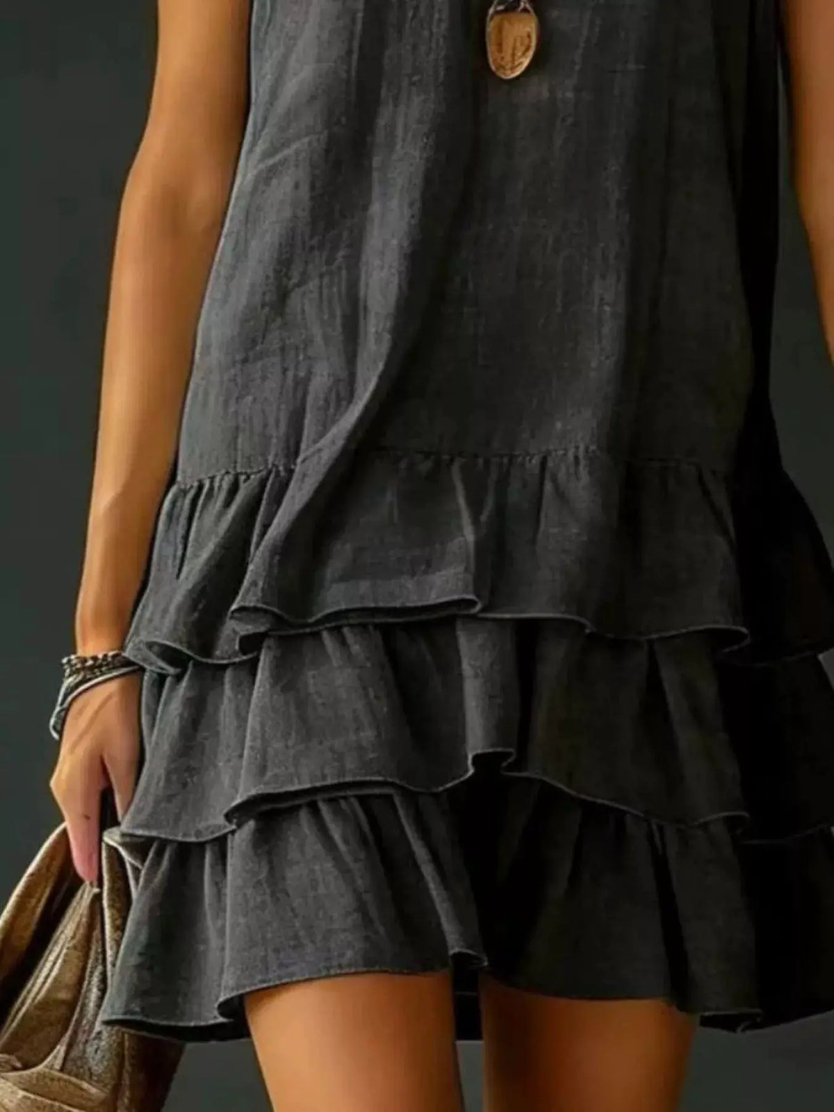 Trendsi full-size ruffled-hem V-neck sleeveless dress plus size in dark gray denim-look fabric