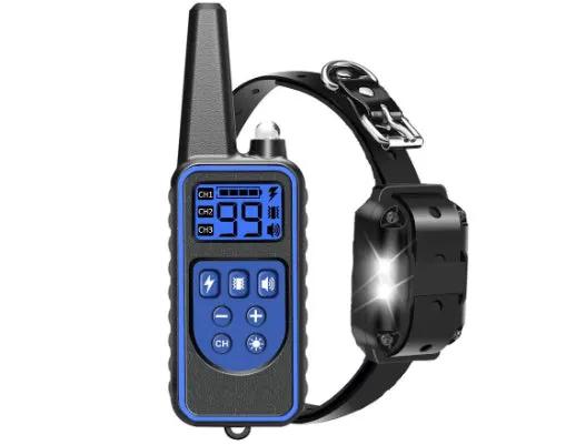 AdTec remote control dog training collar with blue handheld transmitter and black collar