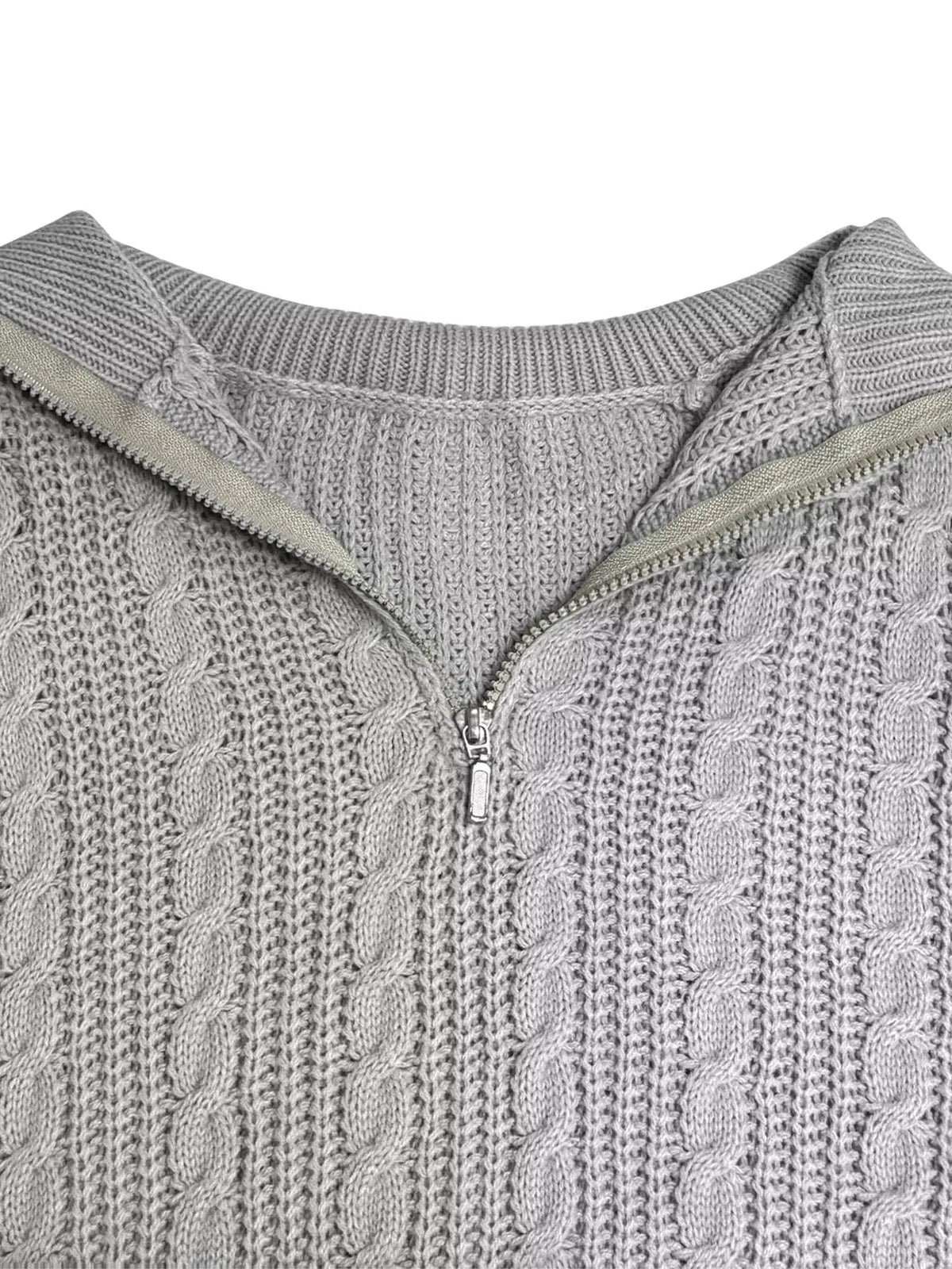Cable-knit gray acrylic half-zip sweater with zipper