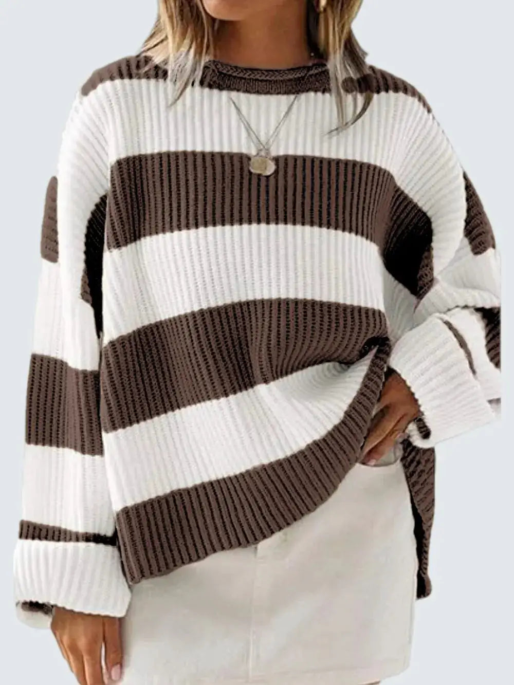Essential striped knit sweater by Trendsi, brown and white, round neck, long sleeves