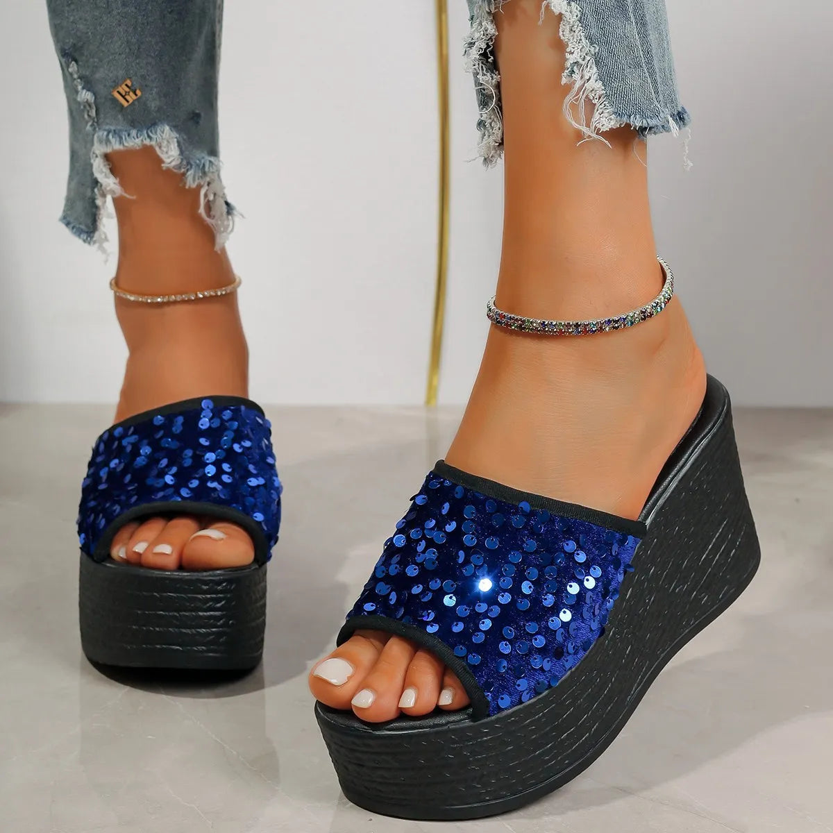 Rhinestone Peep-Toe Wedge Sandals, blue sequin strap by Trendsi