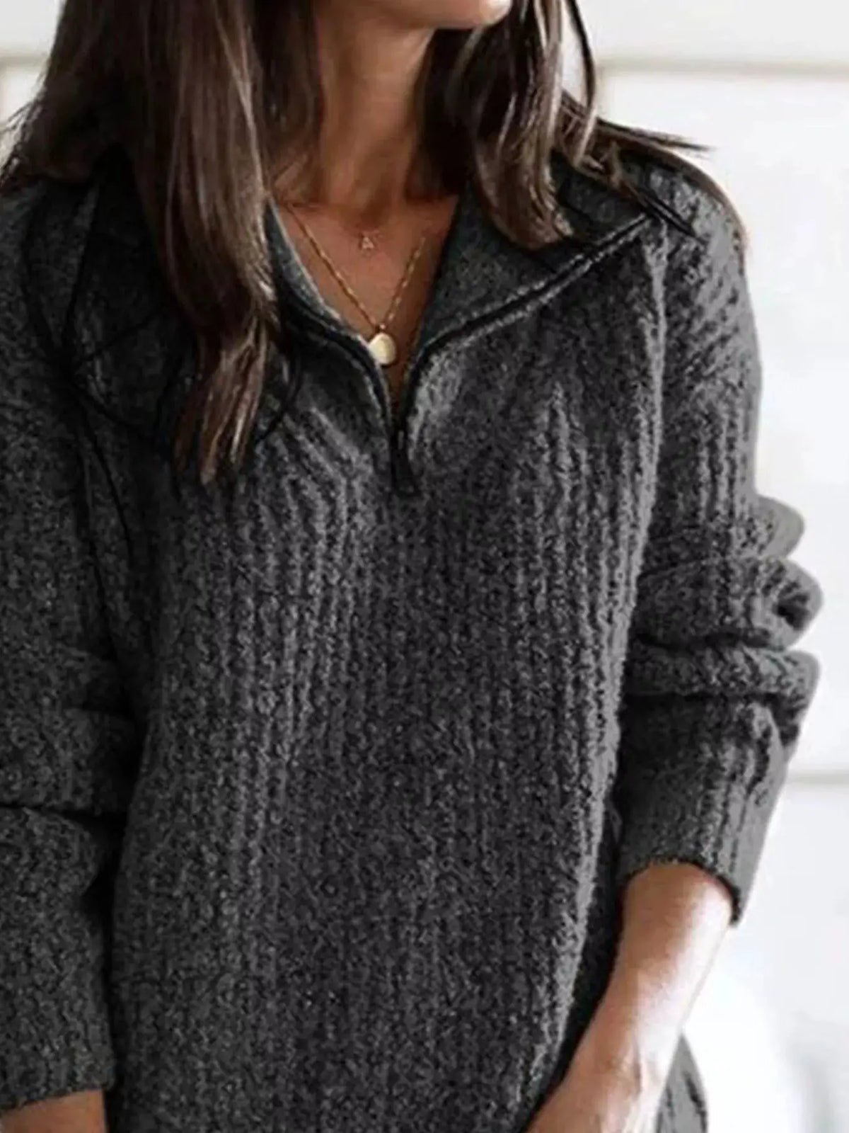 Plus-size textured half-zip sweater in charcoal gray by Trendsi