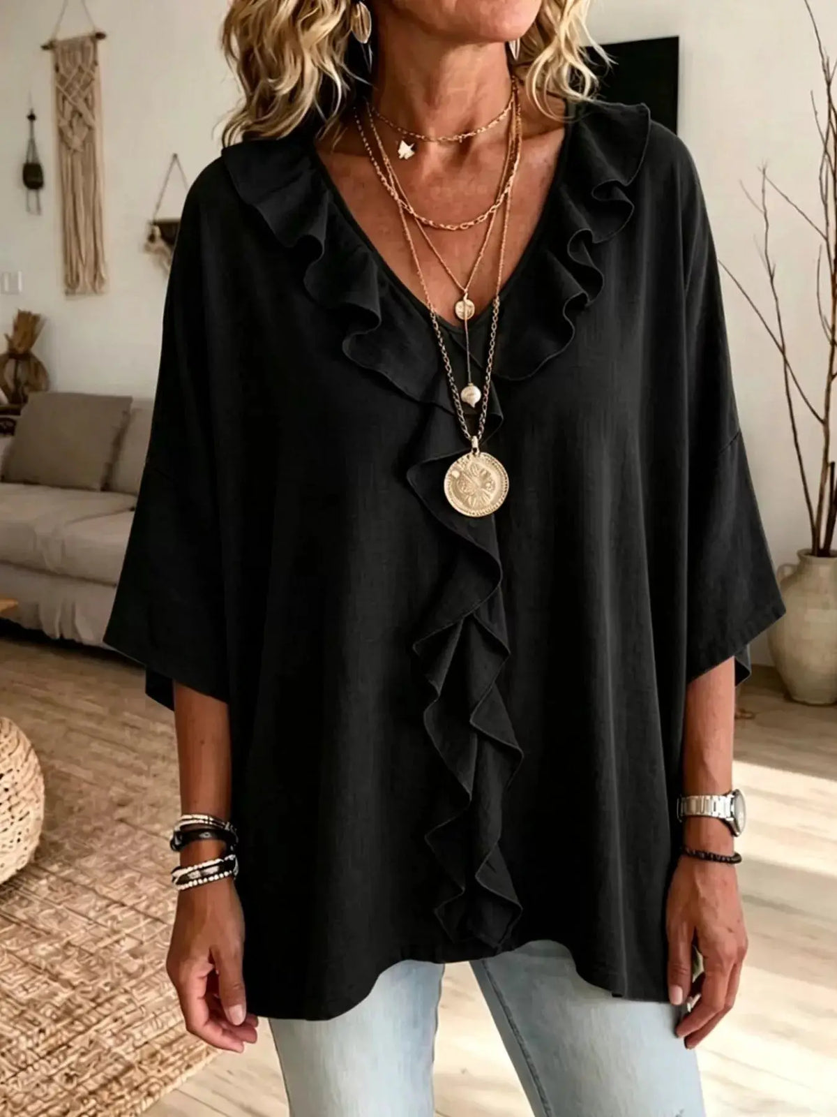 Full Size Ruffle V-Neck 3/4 Sleeve Blouse Plus Size, black, Trendsi