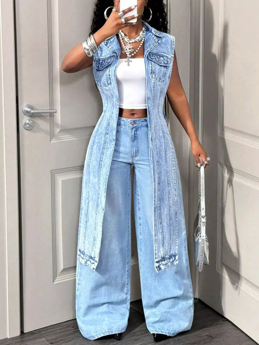 Open front high-low denim vest by Trendsi in light blue vintage wash with pockets