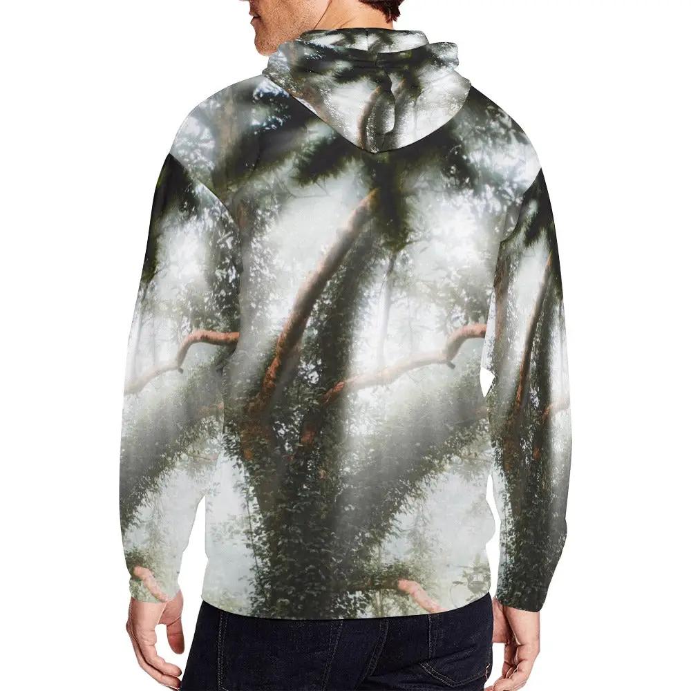 Men's all-over print full-zip hoodie by Inkedjoy with forest tree pattern.