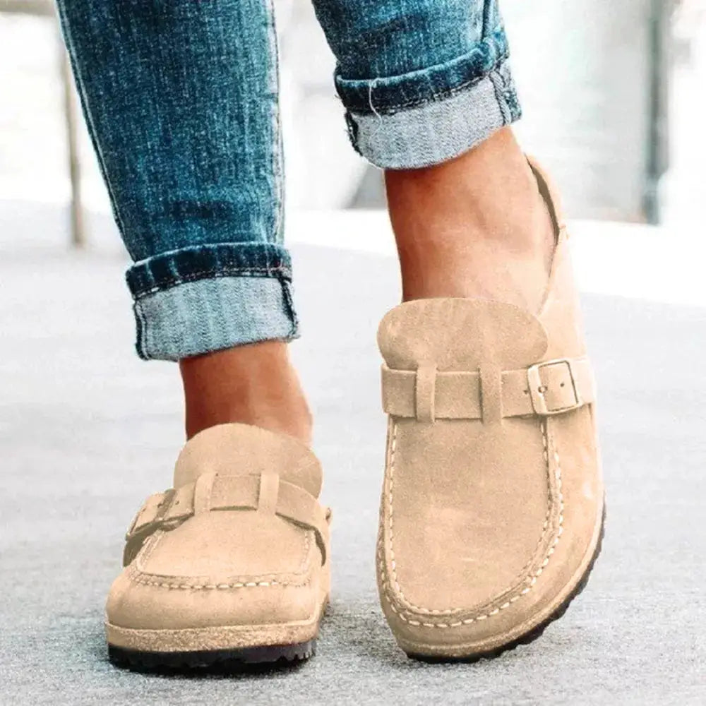 Round Toe Low Heel Buckle Loafers by Trendsi, tan suede with buckle strap, 2 shoes
