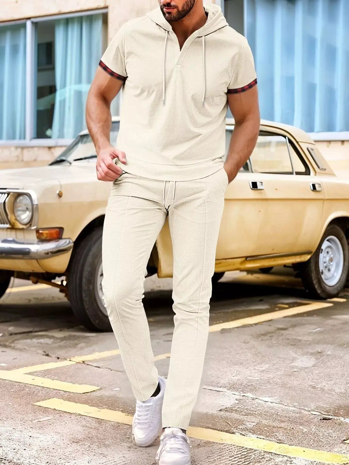 Mens lightweight short-sleeve hoodie and pants lounge set in beige, plus size