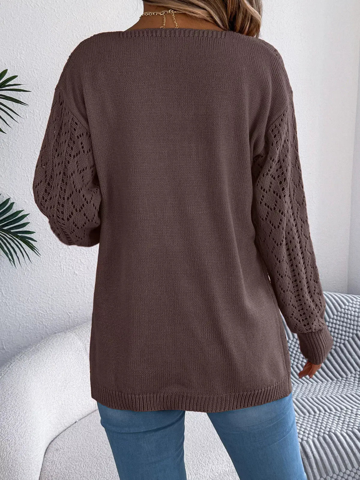 Openwork long-sleeve cardigan for women in brown knit, open-front, stretchy.