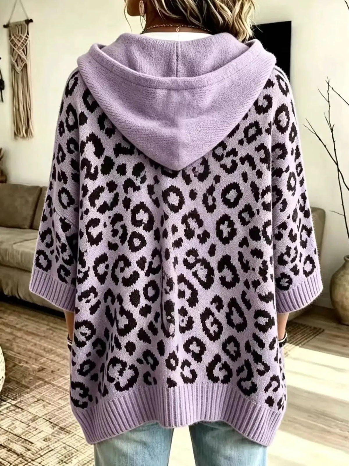 Drawstring Leopard Hooded Sweater in lavender with black leopard print, knit fabric and hood