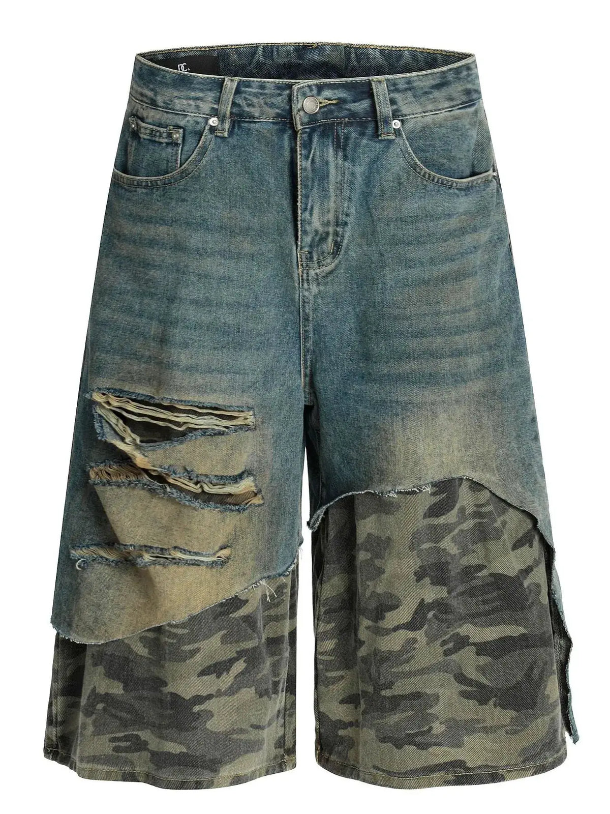 Men's distressed denim shorts with camo patchwork panels, relaxed fit