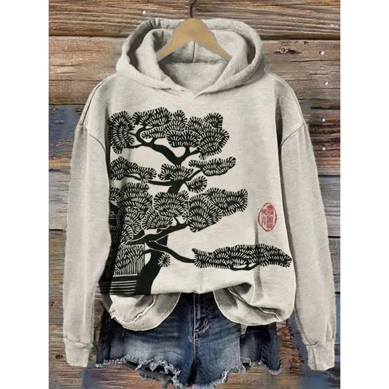 Womens Floral Printed Hooded Long Sleeve Pullover Sweatshirt in light gray by AdTec
