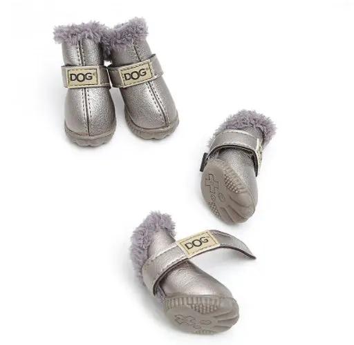 Dog thick snow boots; metallic gray with plush fur lining and DOG-labeled straps; set of three.