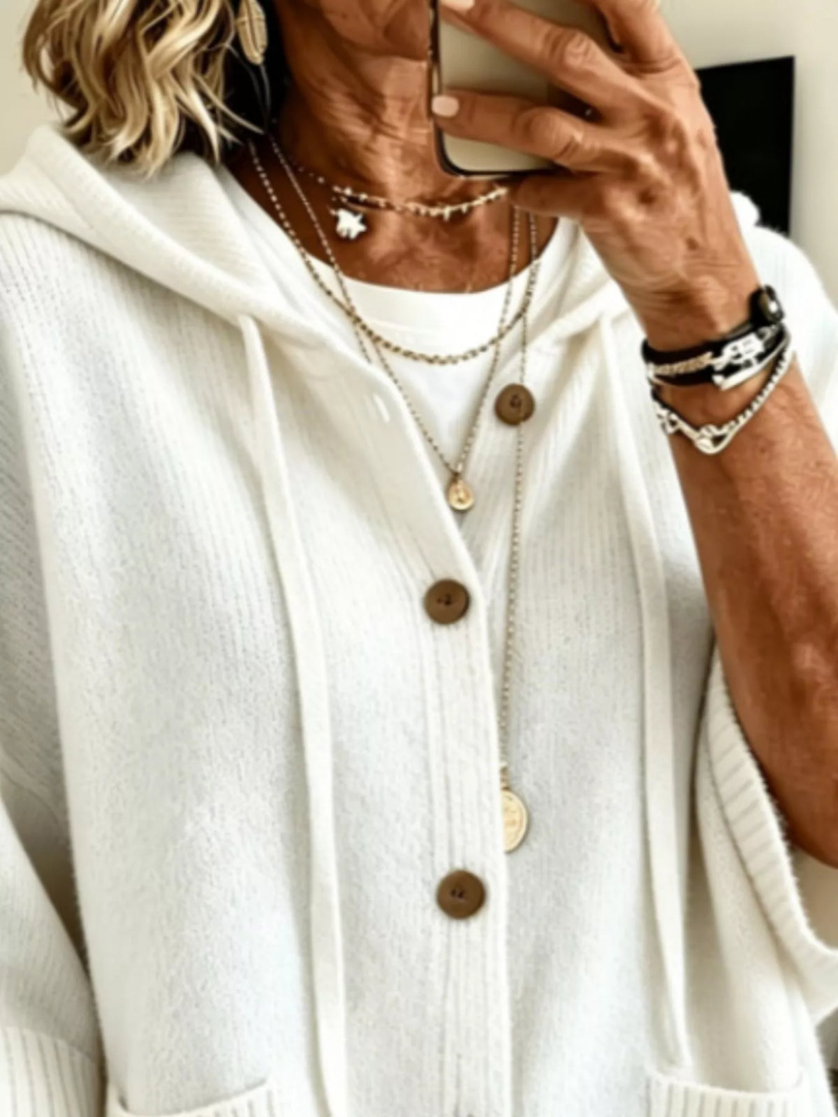 Full Size Casual Hooded Knit Cardigan in ivory with brown wooden buttons, button-front.