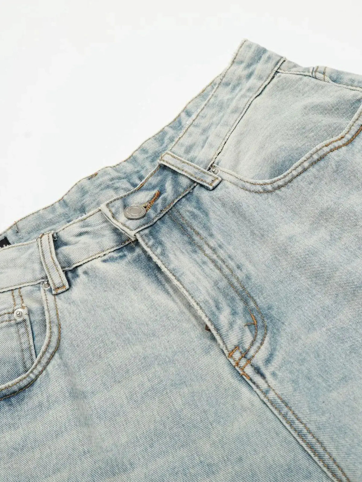 Mens wide-leg denim shorts in light wash with belt loops and metal button, soft cotton fabric