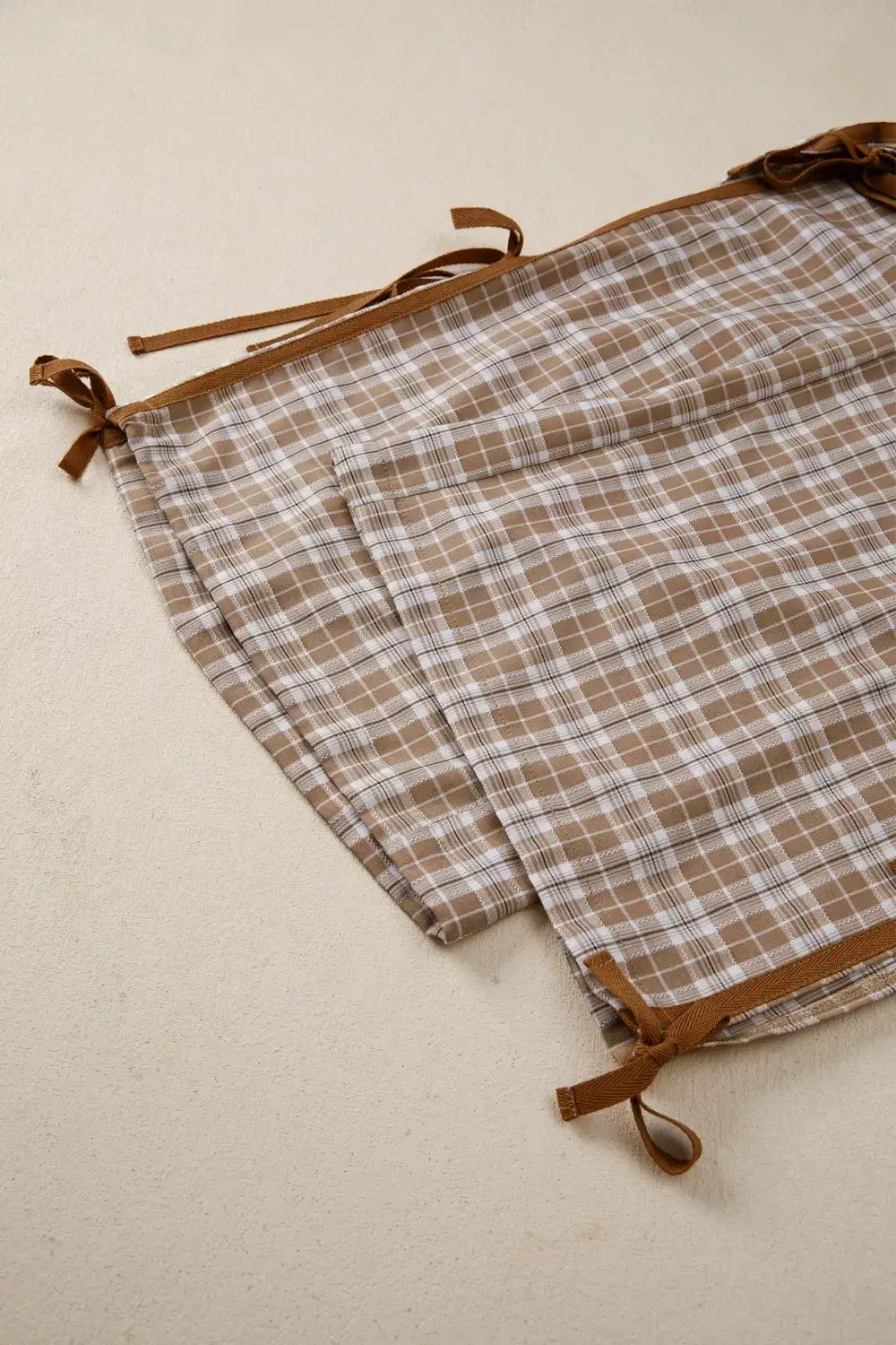 Plaid Print Tie Detail Casual Pants tan and white plaid with tie waist