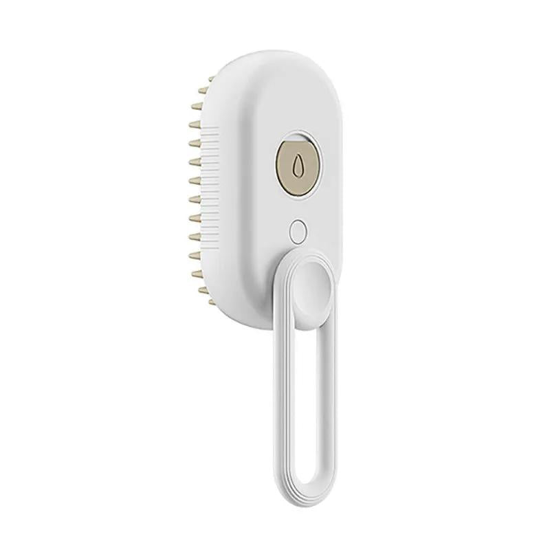 Pet grooming brush with white body, gold bristle pins, and a loop handle