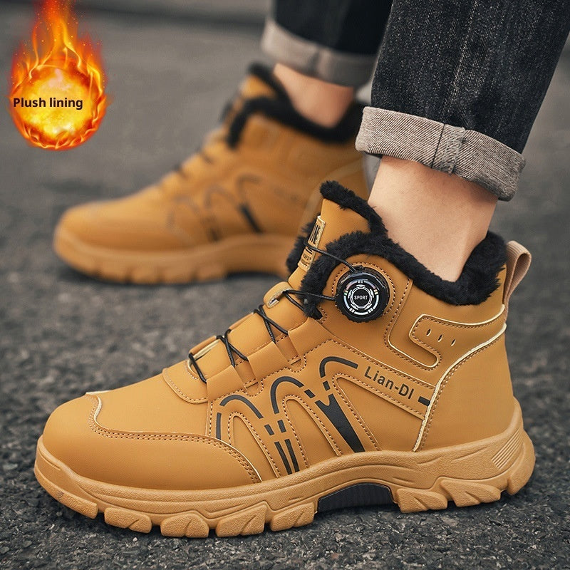 Warm Martin Boots, tan leather shoes with plush black lining and rugged sole; two boots visible
