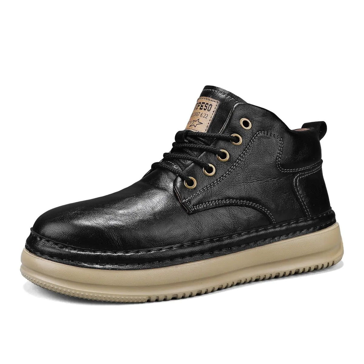 AdTec Meridian microfiber mid-top boots with chunky mid-heel; black upper, beige sole