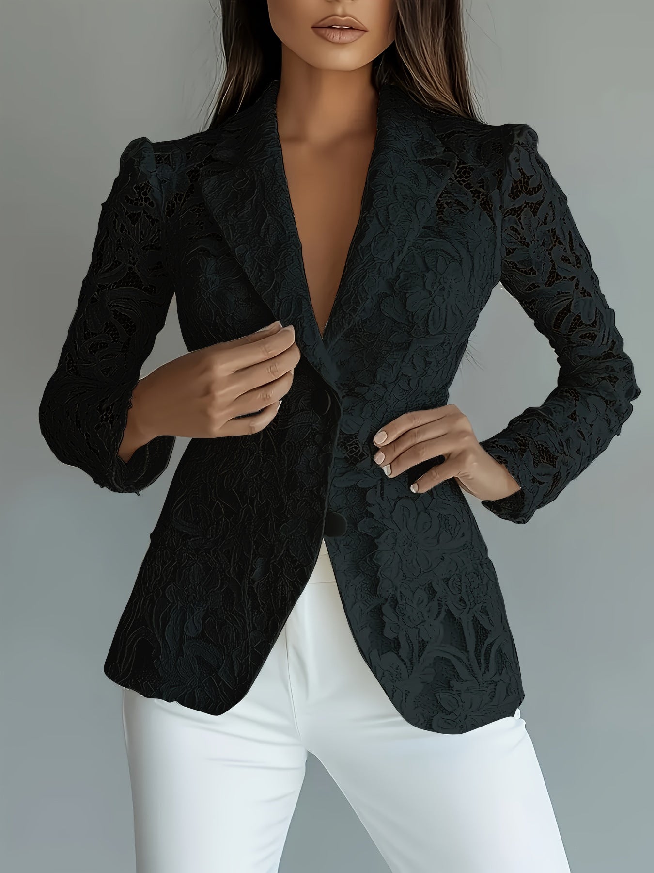 Blazer Transparent Col V en Dentelle Élégant Décontracté et Tendance pour Femme