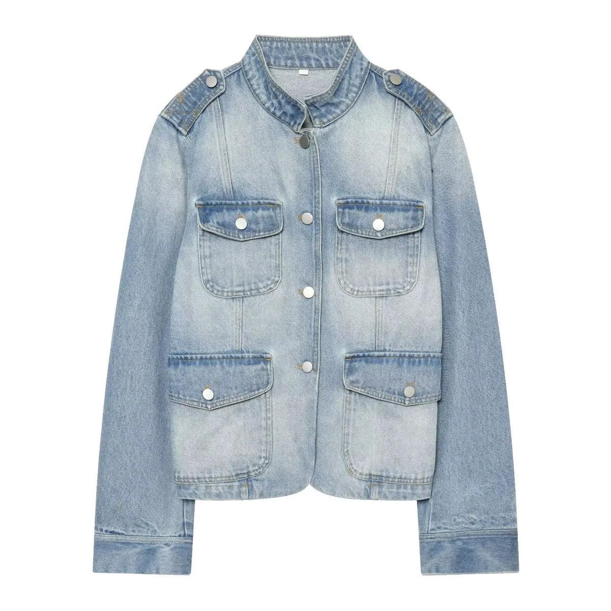 eprolo women's blue denim trucker jacket with stand collar, button-up front and four pockets