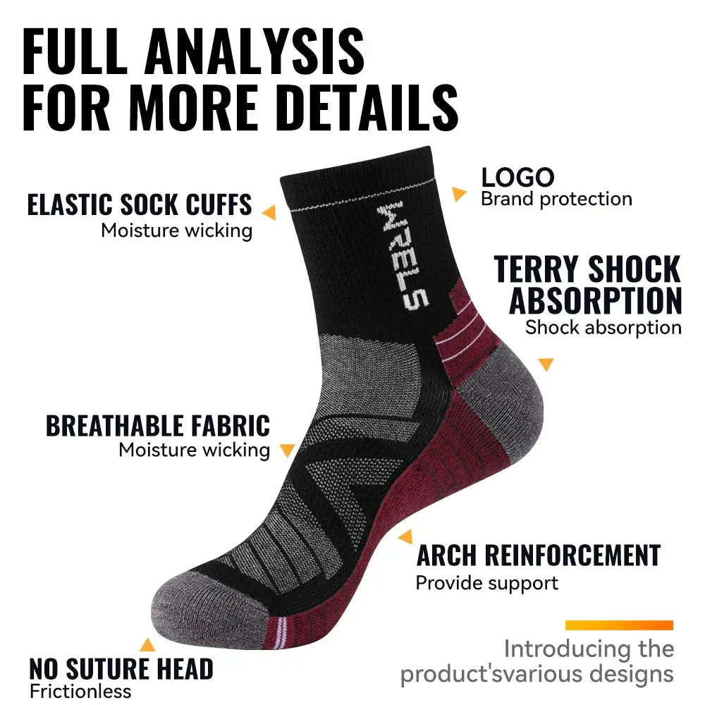 WRELS Merino wool hiking sock, black and gray with burgundy accents; thermal, thick, moisture-wicking