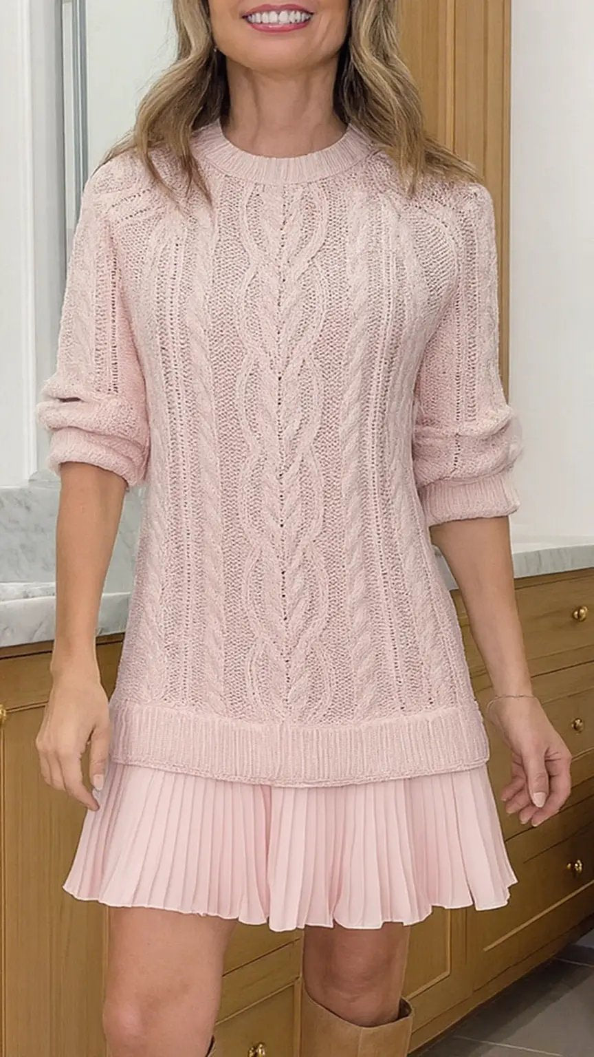 Women cable knit sweater pink from eprolo; relaxed fit soft daily layer top