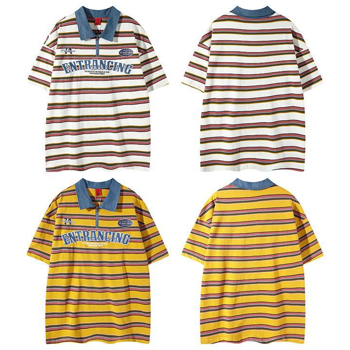 Cowboy patchwork Polo collar striped short sleeved shirt