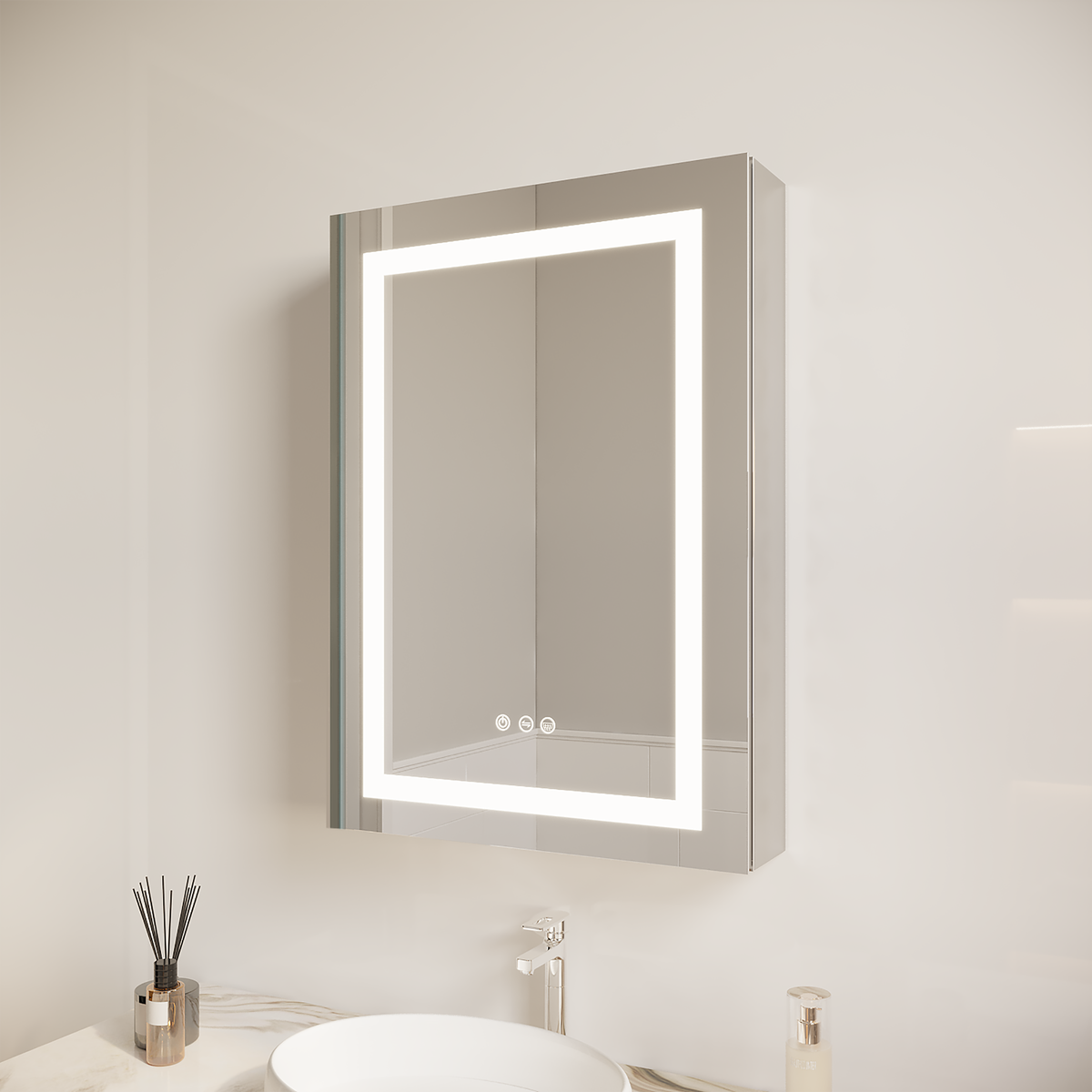 26x20 inch(Left Door) bathroom medicine cabinet with LED mirror 3000K~6000K single door lighting bathroom cabinet with touch switch adjusta by eprolo