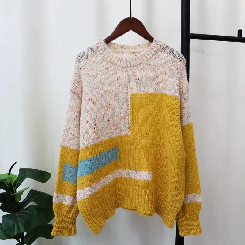 Soft Knit Relaxed Fit Everyday Pullover Sweater by eprolo in mustard yellow and cream speckled knit with blue stripe.
