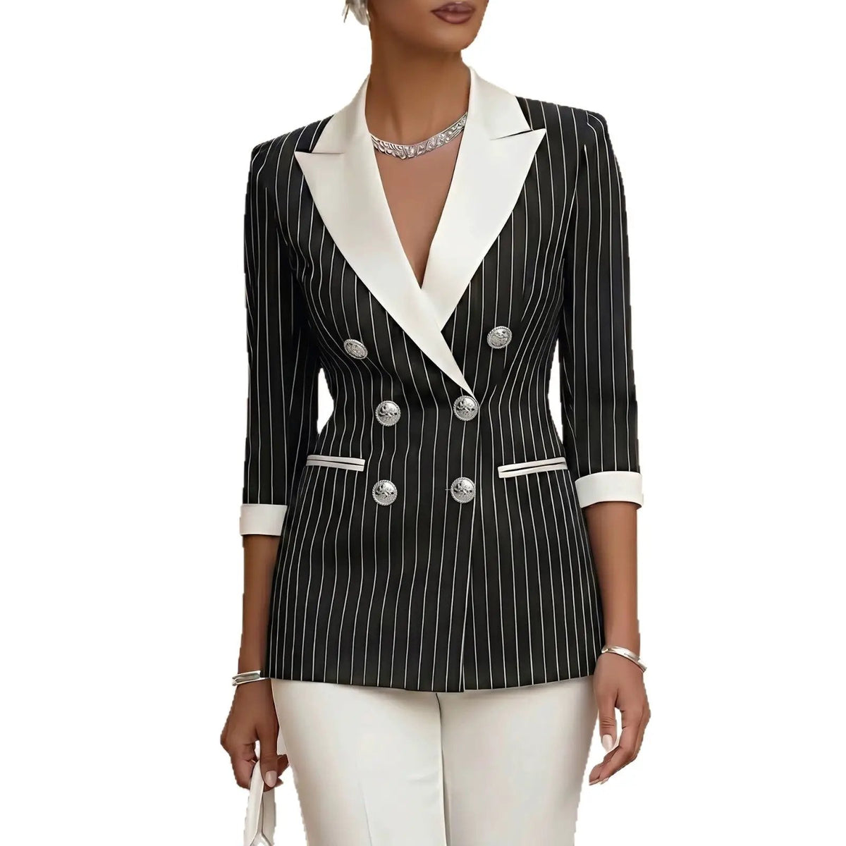 eprolo bold black and white striped double-breasted blazer with white lapels and silver buttons