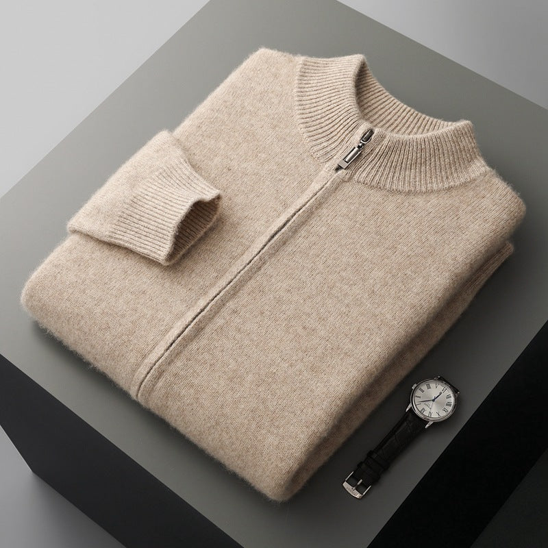 Beige men's cardigan jacket, 100% Australian wool, stand-collar zip