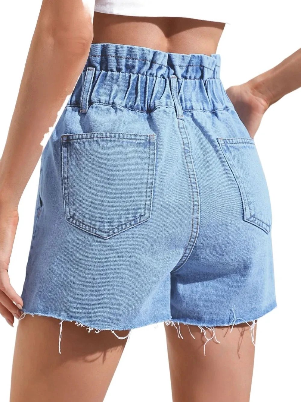 Fashionable high waisted loose and slimming denim shorts with frayed edges by eprolo