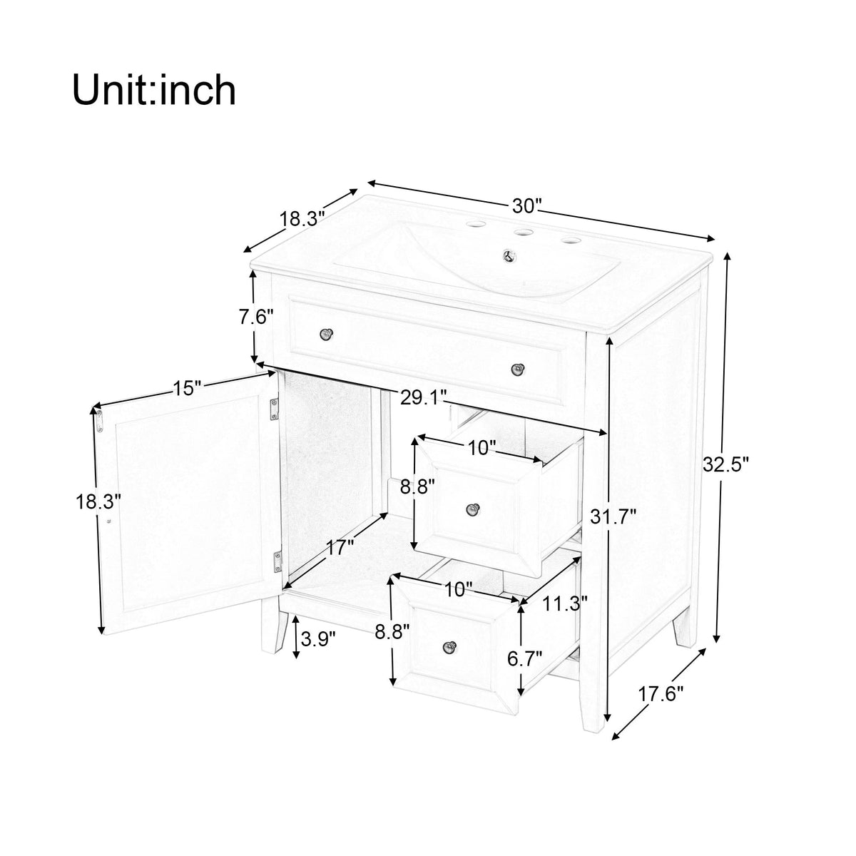 30" Bathroom Vanity with Sink Top, Bathroom Vanity Cabinet with Door and Two Drawers, Solid Wood Frame, One Package, Green by eprolo