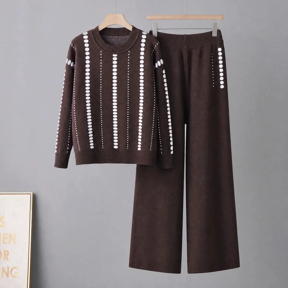 Womens brown knit sweater and wide-leg pants two-piece set with white dotted stripes